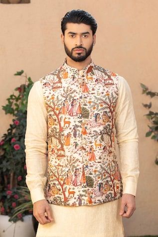 Cream silk bundi with all over village pichwai art print. Paired with an inner lucknowi embroidered kurta and pant. - Aza Fashions Jayanti Reddy, Diana Penty, Rohit Bal, Tarun Tahiliani, Cream Silk, Nehru Jackets, Luxury Sale, Pants Pattern, Modern Bride