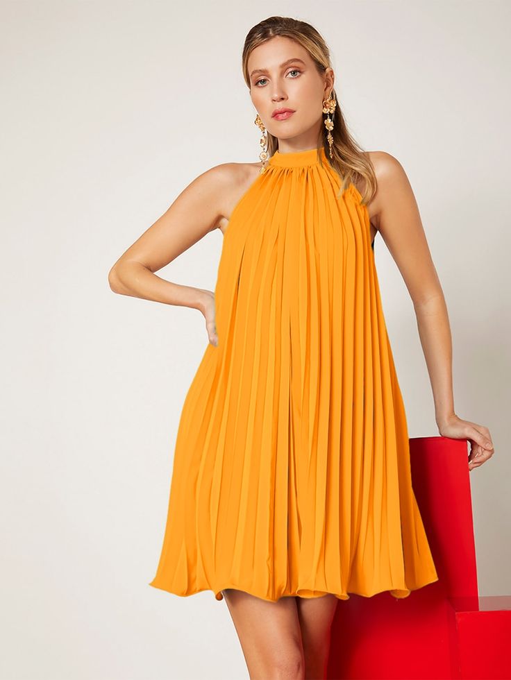 Orange Boho Collar Sleeveless Polyester Plain A Line Embellished Non-Stretch Summer Women Dresses Simple Dress Styles, Turtle Neck Sleeveless, Summer Gowns, Casual Chic Outfits, Pleated Dresses, Free Dresses, Simple Dress, Color Naranja, Casual Chic Outfit