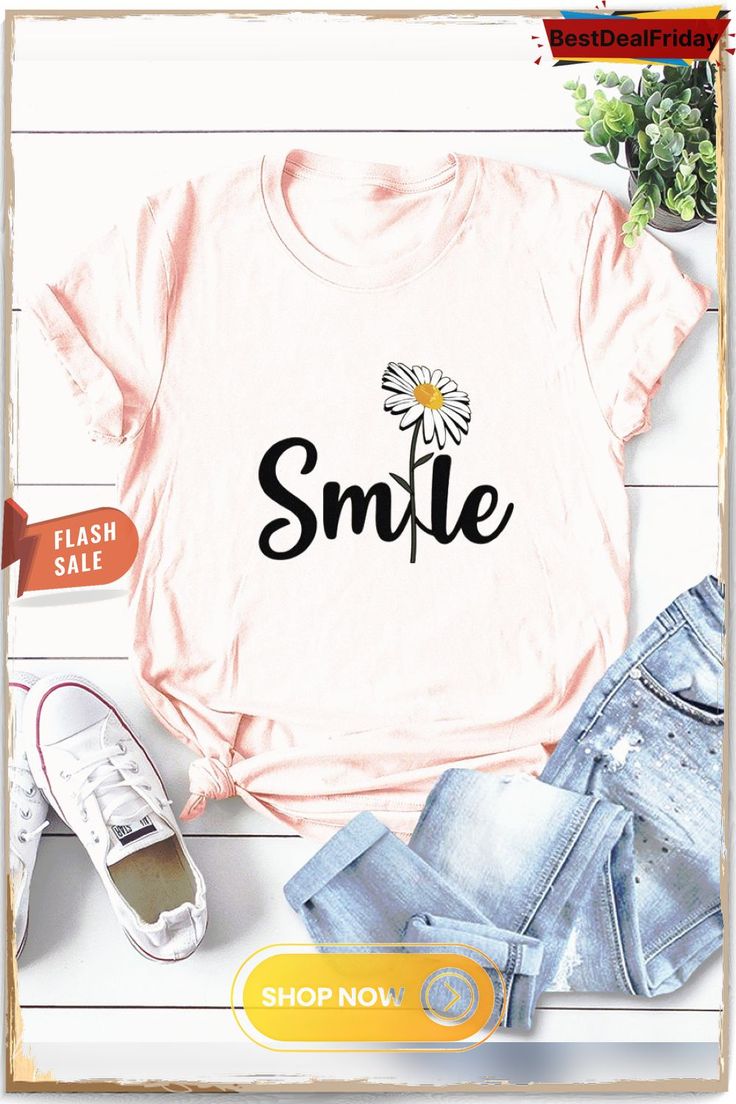 Bestdealfriday Smile Daisy Graphic Tee Spring Letter Print Relaxed Fit T-shirt, Casual Spring Shirt With Funny Print, Casual Pink Shirt With Letter Print, Trendy Spring Shirt With Letter Print, Trendy Letter Print Shirt For Spring, Basic Letter Print Tops For Spring, Casual Spring T-shirt With Letter Print, Basic Logo Print T-shirt For Spring, Everyday Summer Shirt With Slogan