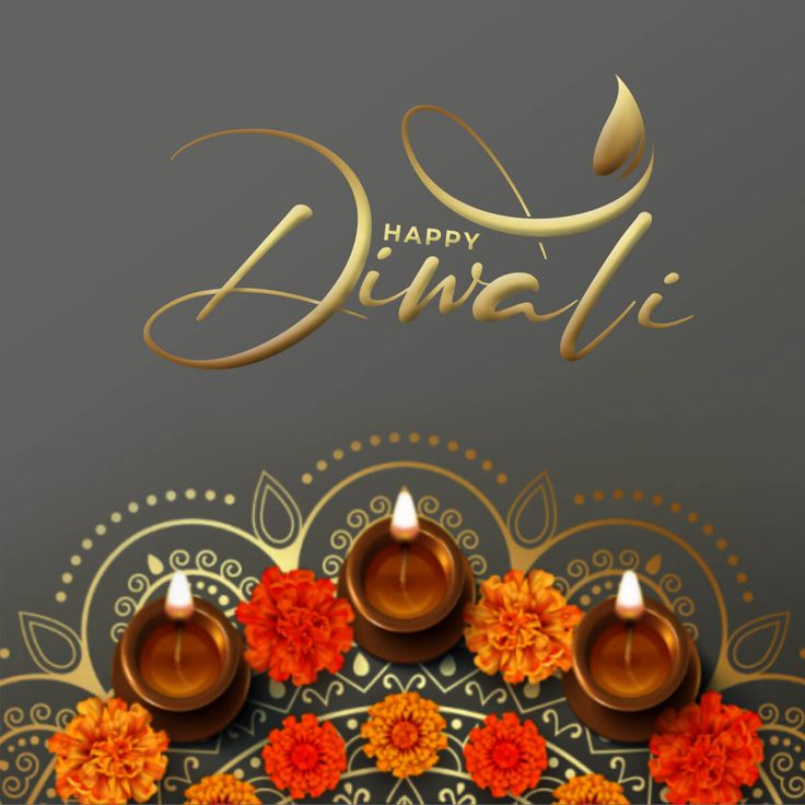 happy diwali greeting card with candles and flowers