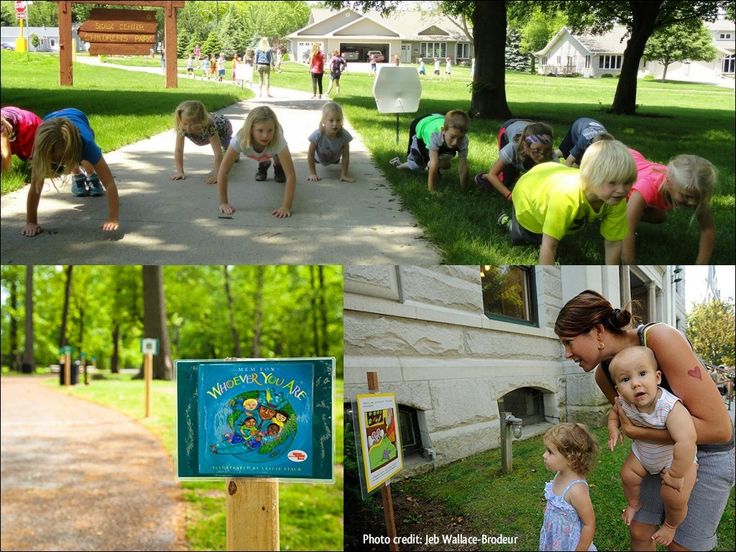 there are many pictures of children playing in the park and on the sidewalk, with their parents