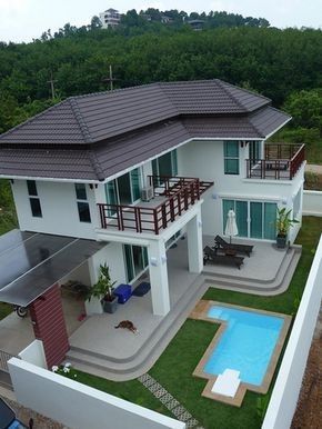 an aerial view of a house with a swimming pool