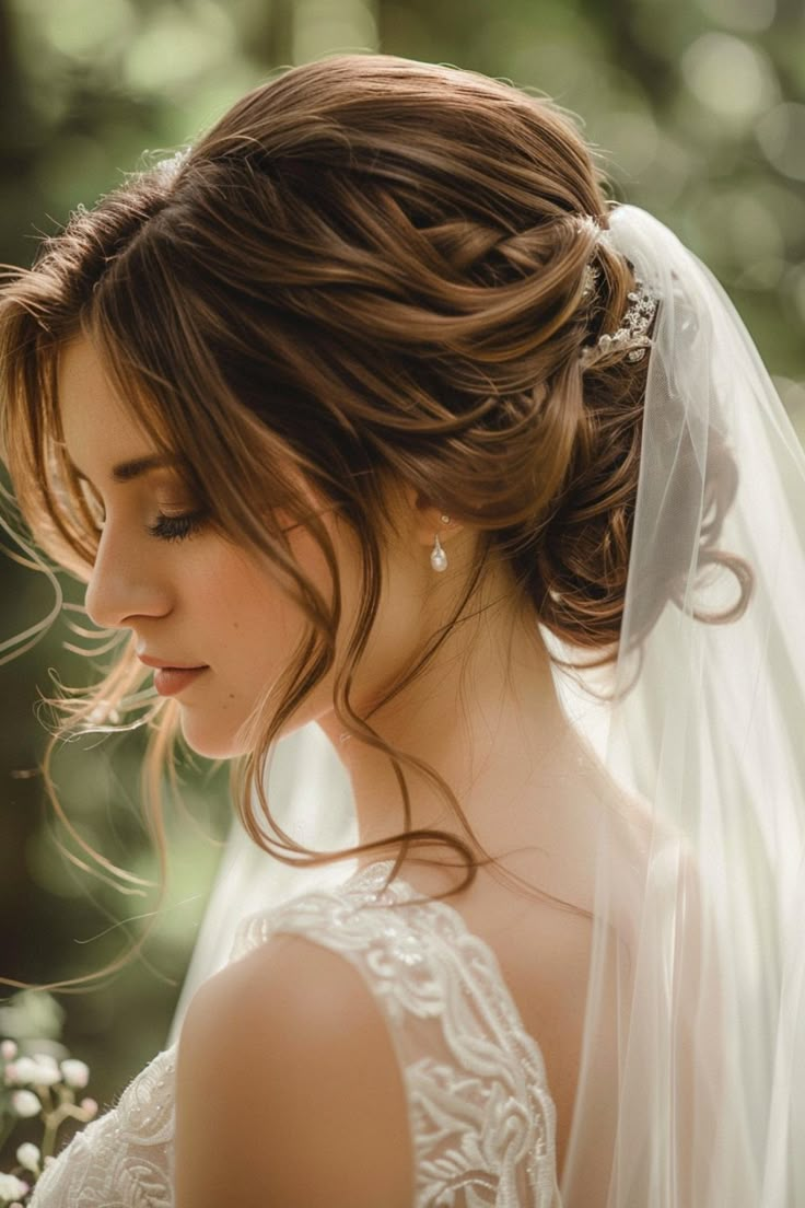 a woman in a wedding dress with a veil on her head and flowers in her hair