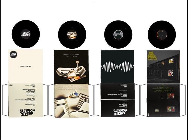 various records are stacked on top of each other with black and white images behind them