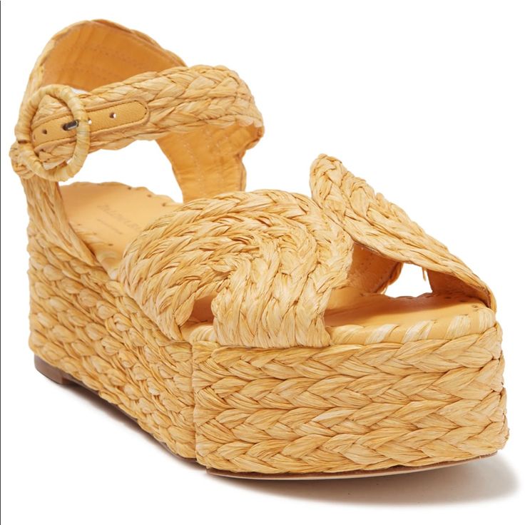 Brand New! A Platform Style With A Summer-Friendly Feel, These Paloma Barcelo Sandals Are Covered In Woven Raffia And Can Be Worn With Anything From Breezy Dresses To Straight-Leg Jeans. Fabric: Braided Raffia Lightly Cushioned Leather Footbed Platform Profile With Split Midsole, 2” High Buckle Ankle Strap Open Toe Rubber Heel Patch At Leather Sole Made In Spain Note: Stock Photo Is Of A Different Color, But Same Shoe. Luxury Summer Wedge Sandals, Spring Closed Toe Sandals With Intrecciato Weave, Natural Color Sandals With Intrecciato Weave And Open Toe, Beach Sandals With Intrecciato Weave, Beach Sandals With Intrecciato Weave In Natural Color, Designer Woven Leather Sandals For Summer, Straw Sandals With Intrecciato Weave For Beach, Beach Sandals With Intrecciato Weave And Straw Material, Designer Wedge Sandals For Summer Beach