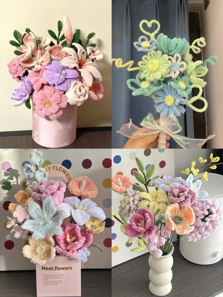 four different vases filled with flowers on top of a table