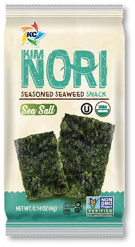 an image of seaweed snack in a bag on a white background with the words, nori seasoned seaweed snack