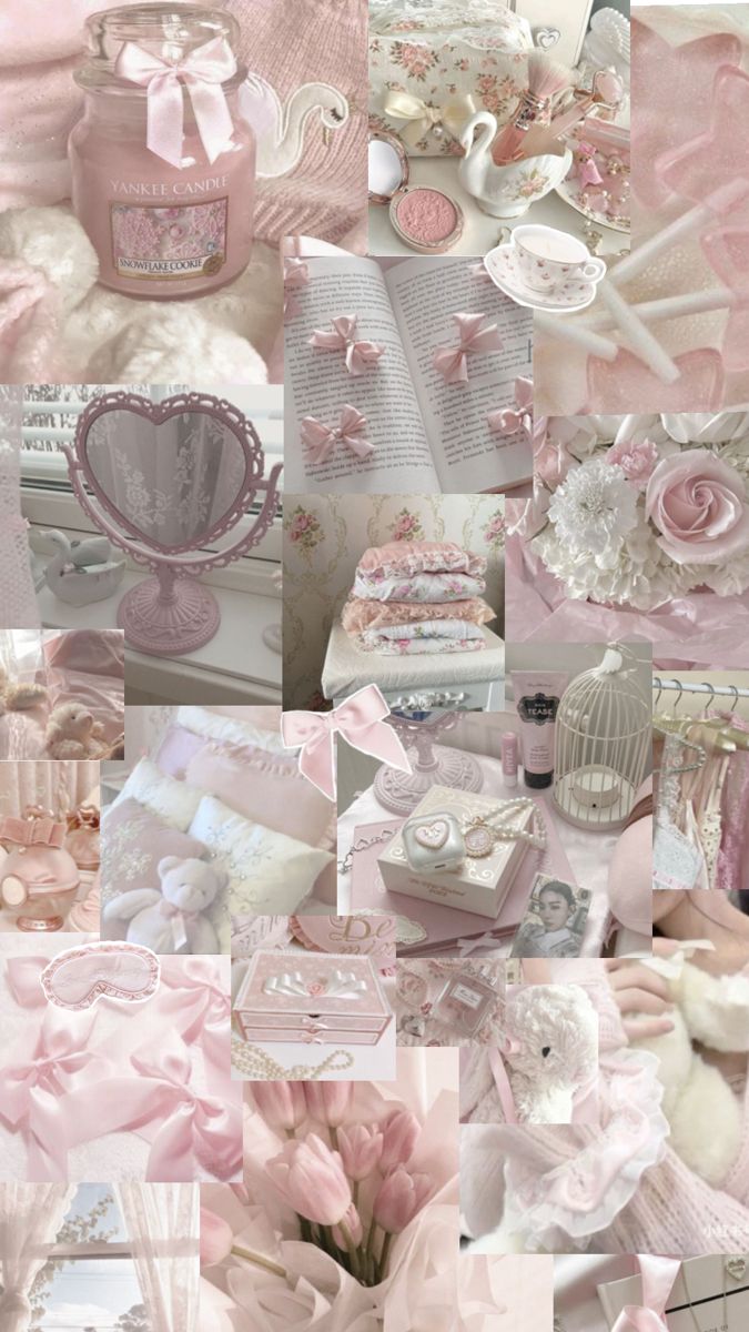 a collage of pink and white items with ribbons, bows, hearts, etc