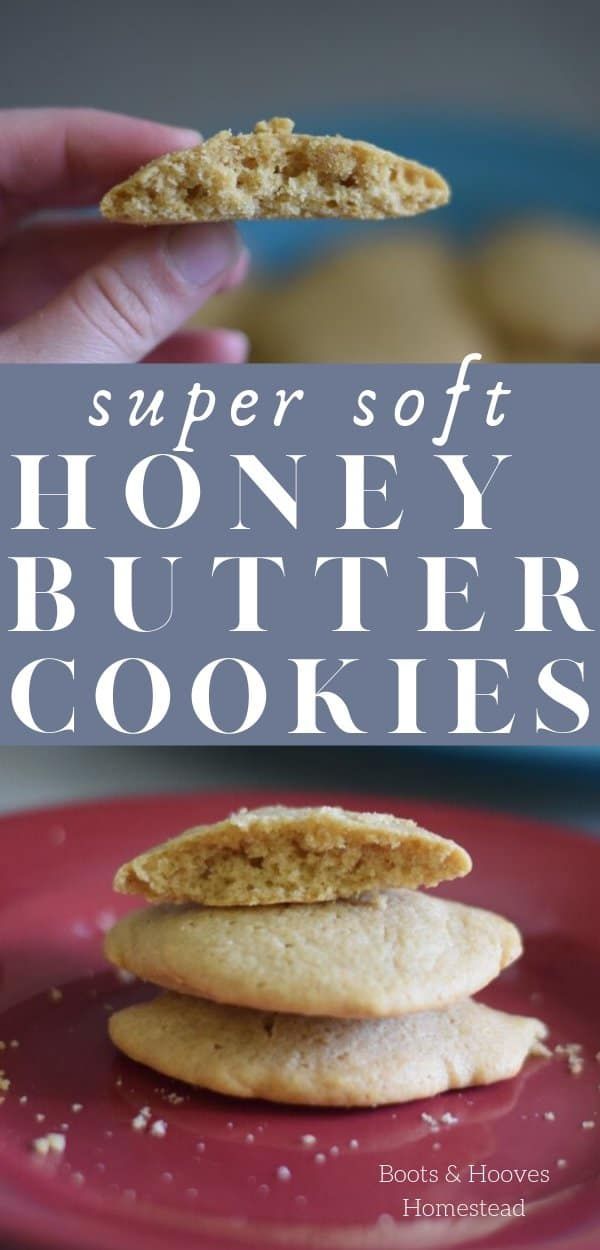 a hand holding a cookie on top of a plate with the words super soft honey butter cookies