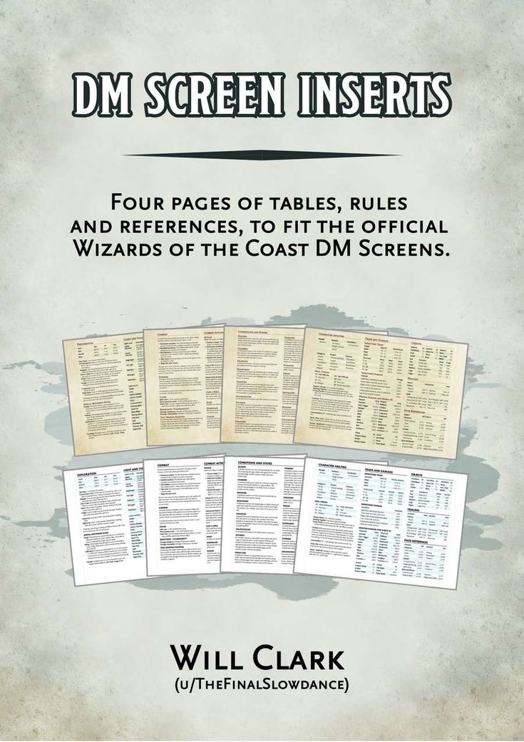 the book cover for dm screen inserts, with four pages on each side