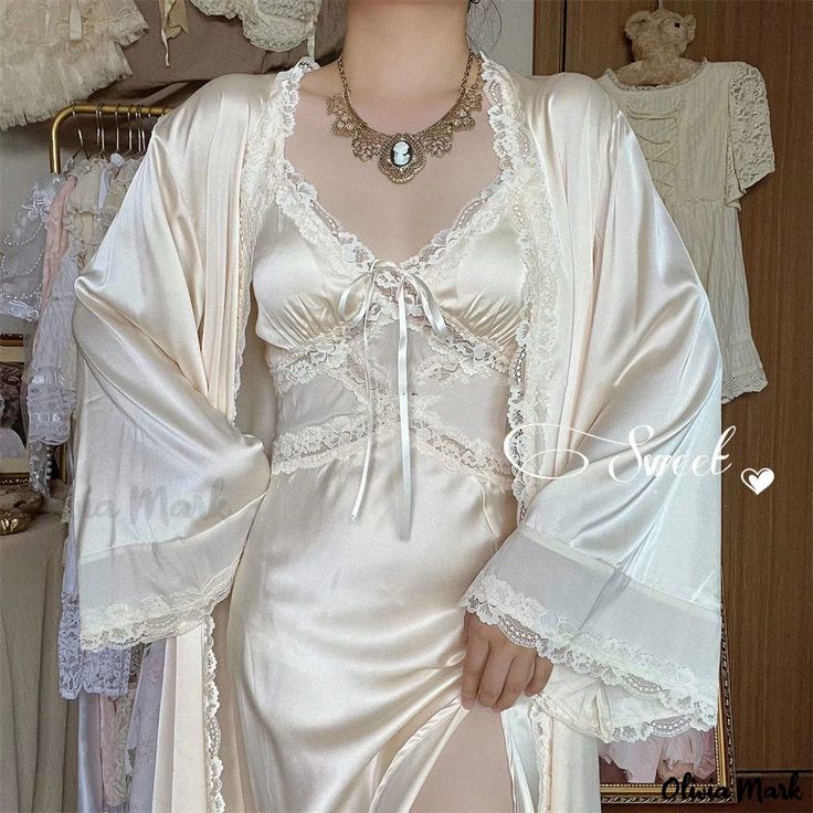 Olivia Mark - Vintage Silk Sensation Sweet and Soft Downton Manor Camisole Nightgown - Luxurious Skin-Friendly Sleepwear and Morning Robe Minecraft Dairies, Long Split Dress, Glow Tips, Royalcore Aesthetic, Roblox Clothes, Chemise Dress, Fairy Dresses, Accessory Ideas, Lace Nightgown