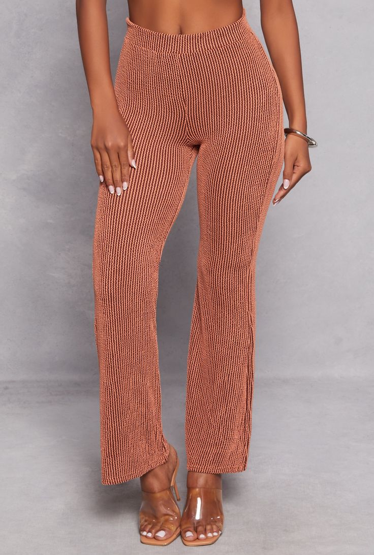 Casual Pant, Flared Leg, High Waisted, Solid, Ribbed Knit, Textured Knit, Item Number 3413058753649 Red Ribbed Stretch Bottoms, Red Stretch Ribbed Bottoms, Casual Red Ribbed Bottoms, Puma Outfit, Weatherproof Boots, Casual Pant, Romper And Jacket, Rhinestone Shoes, Denim Shoes