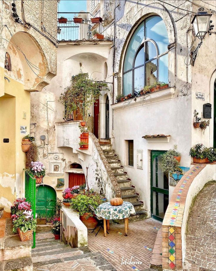 an alleyway with potted plants and stairs leading up to the second floor window