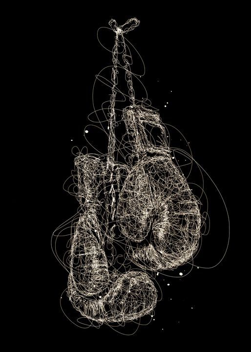 an abstract drawing of a boxing glove hanging from a chain on a black background photo