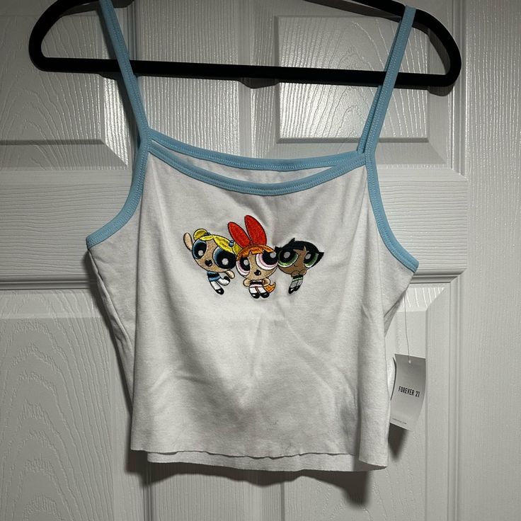 Forever 21 Tank Top With Power Puff Girls On It New With Tags Cute Crop Top For Day Out, Cute Cotton Crop Top For Day Out, Forever 21 Cotton Crop Top Tank Top, Fun Cotton Crop Top For Spring, Playful Cotton Crop Top, Cute Forever 21 Crop Top For Spring, Forever 21 Graphic Print Crop Top For Spring, Cute Cotton Top By Forever 21, Forever 21 Spring Graphic Print Crop Top