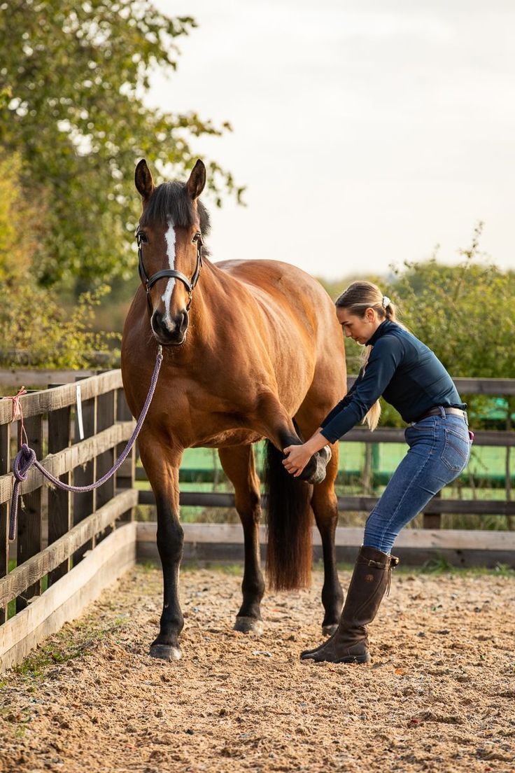 a woman leading a brown horse on a roped in area next to a fence