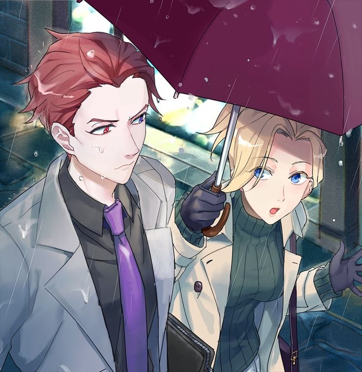 two people are standing under an umbrella in the rain, one is wearing a purple tie