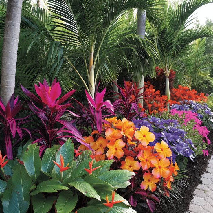 colorful flowers and palm trees in a garden