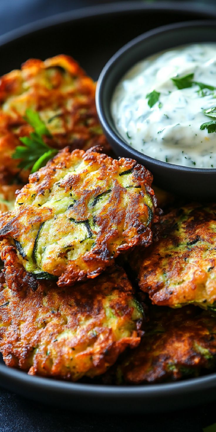 some zucchini fritters are on a black plate with a small bowl of dip