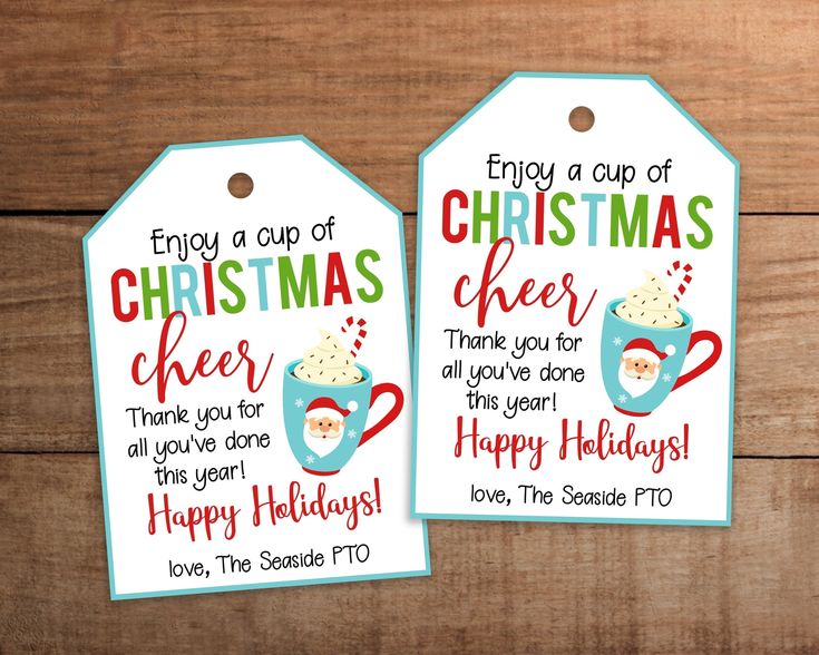 two christmas gift tags with the words enjoy a cup of christmas cheer and happy holidays