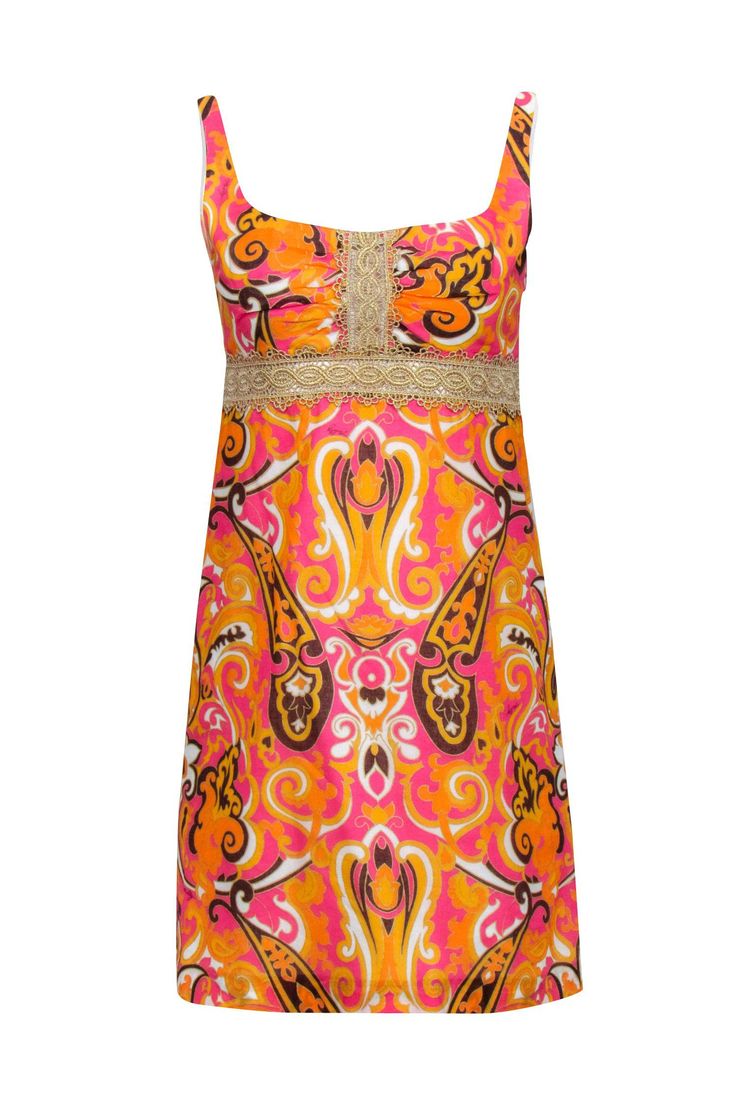 Current Boutique-Milly - Orange, Pink,Yellow, & Gold Paisley Print Dress Sz 4 Vacation Dinner, Gold Paisley, Paisley Print Dress, Flirty Dresses, Eyelet Lace, Contemporary Fashion, Creative Fashion, Luxury Fabrics, Orange Pink