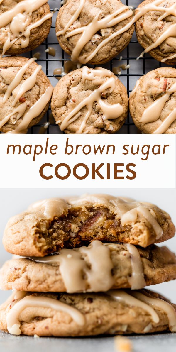 maple brown sugar cookies stacked on top of each other with icing drizzled over them