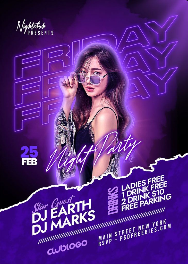 the flyer for friday night party featuring dj earth and free parking in front of a purple background