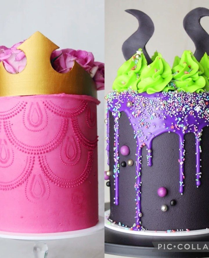 two cakes decorated with purple and green frosting