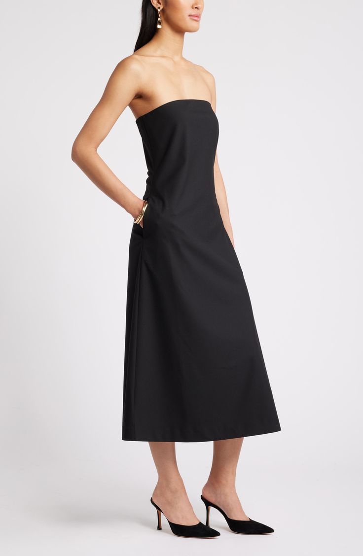 Everyday elegance defines a contemporary dress that flares out to an A-line skirt from a sleek, fitted bodice. 41 1/2" center front length (size Medium) Strapless Lined 58% polyester, 24% viscose, 14% wool, 4% spandex Dry clean Imported Texas Winter, Contemporary Dress, Contemporary Dresses, Everyday Elegance, Fabric Gifts, Free Fabric, Black Fits, Fitted Bodice, Nordstrom Dresses