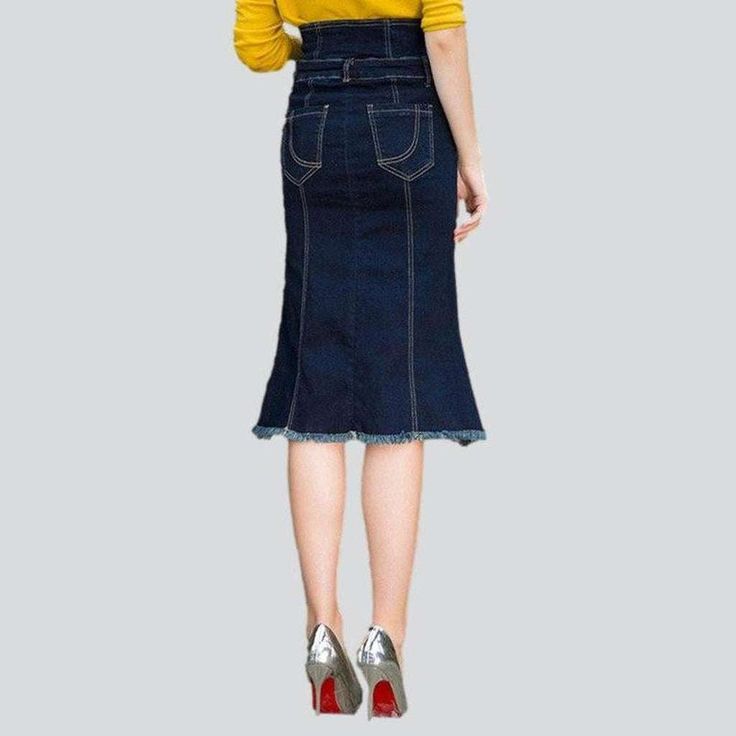 Make a everlasting statement with the 2023 Autumn Collection's Dark Blue Trumpet Denim Skirt! A street trend classic. this high-waisted piece combines vintage allure with couture-forward audacity. Crafted from luxe denim. it features a zipper and button closure. making it as functional as it is fashionable.Distinctive Features: Street Style: An iconic denim skirt with a quintessential dark wash. trumpet silhouette. and elevated-waisted design. Zipper & Button Closure: Craftsmanship meets functio