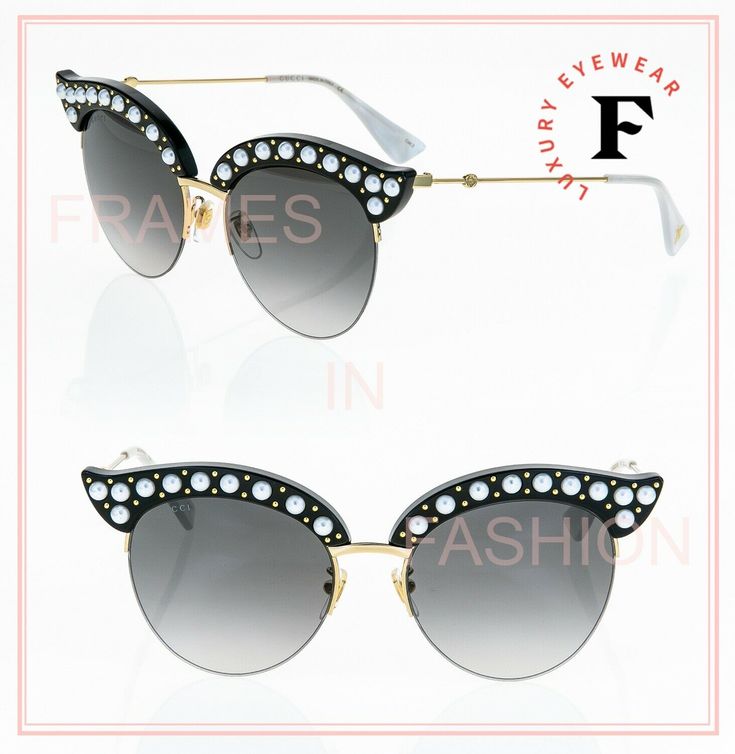 HOLLYWOOD FOREVER COLLECTION Authentic brand new sunglasses by GUCCI Acetate and metal frame with hand applied faux pearls Fitted with Gray Gradient lens offering 100% UVA/B protection category 2 filter Made in Italy GG0212S Color 001 Size 53-18-140 Accompanied with original velvet case (color picked randomly) and all accessories  Unique serial number is laser engraved on the arm to ensure authenticity Spring Designer Sunglasses With Mirrored Lenses, Luxury Cat Eye Sunglasses For Spring, Designer Sunglasses With Uv Protection, Designer Sunglasses With Uv Protection For Spring, Designer Glass Sunglasses For Summer, Elegant Gucci Sunglasses For Spring, Gucci Cat Eye Sunglasses With Polarized Lenses For Summer, Gucci Cat Eye Sunglasses With Uv Protection For Summer, Gucci Summer Cat Eye Sunglasses With Uv Protection