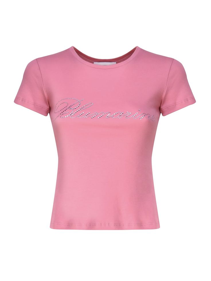 Pink T-shirt With Studs And Rhinestone Embroidery from Blumarine -Round neckline -Rhinestone-embellished logo print on front -Slim silhouette -Made in Italy -Color: Pink -100% Cotton | Blumarine Women's T-shirt With Studs And Rhinestone Embroidery in Pink | SS24 Rhinestone Embroidery, Pink T Shirt, Pink Tshirt, Stage Outfits, Girly Outfits, Yoga Wear, Luxury Retail, Bridal Shoes, Dress Codes