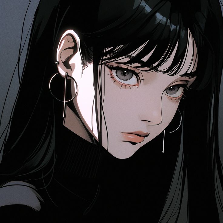 an anime character with long black hair and piercings on her ears, staring at the camera