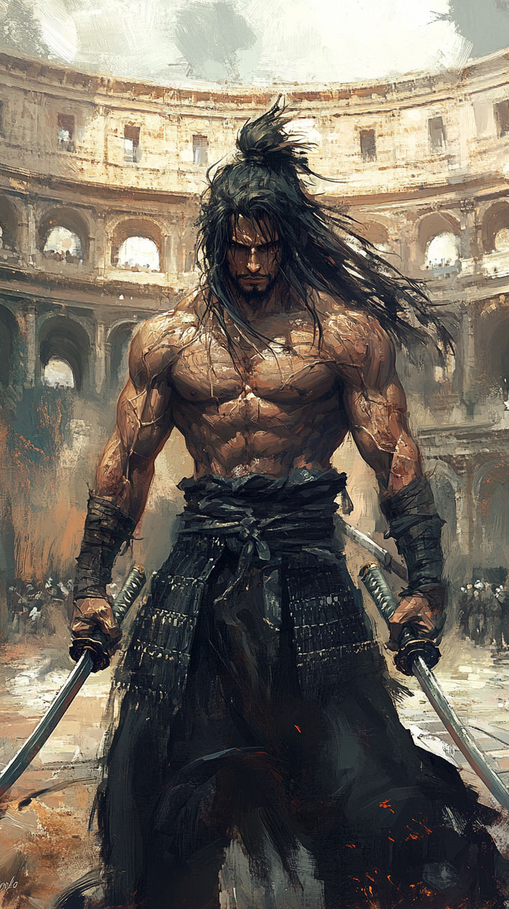 a painting of a man with long hair holding two swords in front of an arena