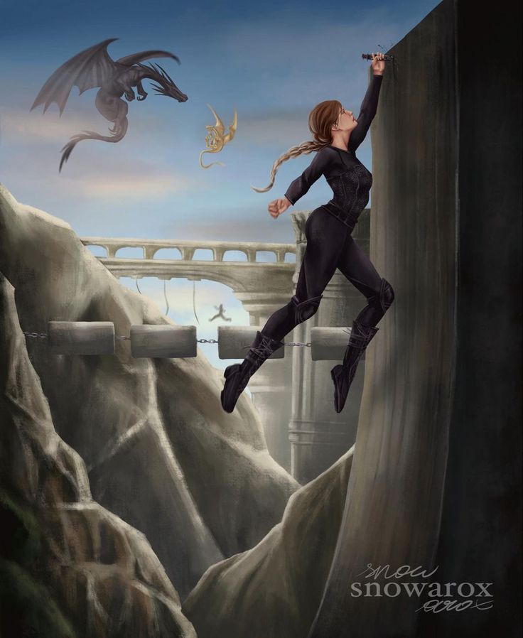 a painting of a woman jumping off a cliff into the air with a dragon flying over her