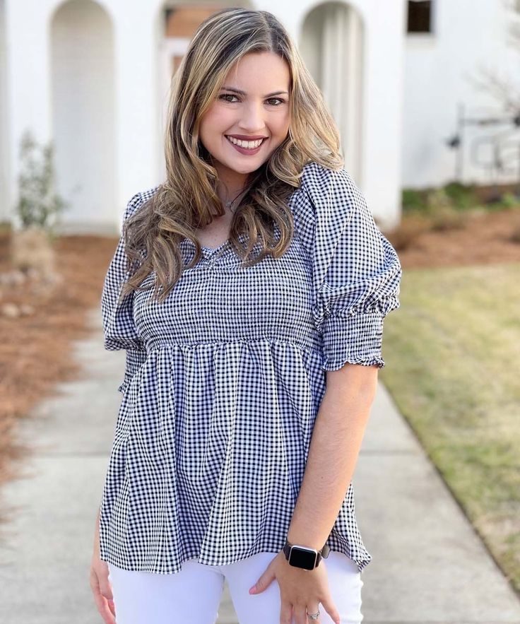 This adorable boutique top is simply amazing! Give your wardrobe a fresh look this spring! Pair with skinny jeans or shorts and sandals for a fun lovable look! Chic Plaid Puff Sleeve Tops, Gingham Tops For Spring Day Out, Gingham Tops For Day Out In Spring, Short Sleeve Gingham Blouse For Day Out, Spring Gingham Tops For Brunch, Gingham Tops For Spring Brunch, Summer Plaid Puff Sleeve Tops, Summer Puff Sleeve Tops For Picnic, Summer Plaid Puff Sleeve Blouse