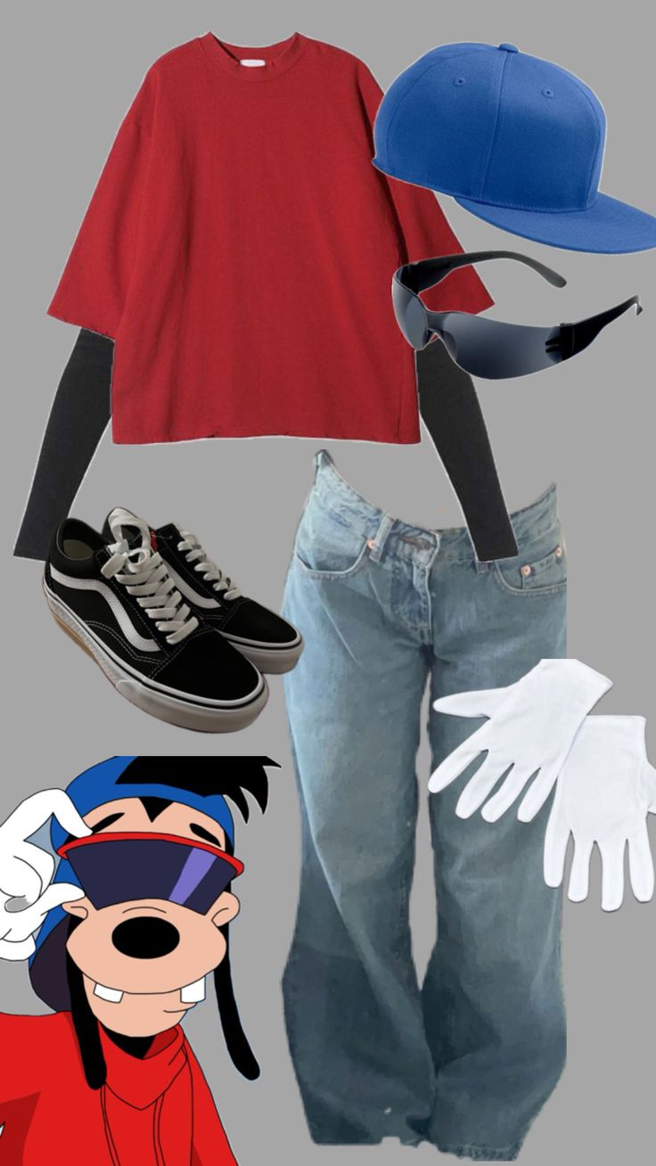 an assortment of clothing and accessories including a hat, gloves, shoes, and baseball cap