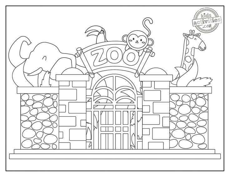 zoo coloring pages for kids with animals and letters on the front door, in black and white