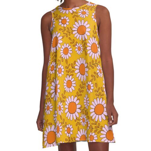 Loose-fit, mid-length sleeveless dress with silky handfeel. Printed on both sides. Machine washable. Size range XS-2XL. Retro 70s daisy flowers botanical pattern in orange and pink. Happy vintage design perfect for flower and plant lovers, it will give your home decor a colorful groovy vibe. The design is also great for spring and summer. Retro A-line Summer Dress, Retro Printed Mini Dress For Summer, Retro A-line Sleeveless Dress, Orange Retro Print Summer Dress, Vintage Printed Summer Mini Dress, Summer A-line Printed Sundress, Vintage Sleeveless Beach Mini Dress, Summer Mod Beach Dresses, Mod Summer Beach Dresses