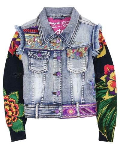 Sand washed jean jacket with embroidery, knit sleeves in bold floral print; #PatchworkDenim #PatchworkClothing #MixedTextileClothing #RefashionIdea #DenimJacket #KidsFashion #Up-cycledDenim Multicolor Denim Jacket For Spring, Spring Multicolor Denim Jacket, Casual Blue Denim Jacket With Floral Print, Casual Outerwear With Multicolor Floral Embroidery, Casual Floral Print Outerwear With Multicolor Embroidery, Casual Embroidered Floral Outerwear, Casual Multicolor Embroidered Floral Outerwear, Casual Floral Print Denim Jacket For Fall, Casual Multicolor Embroidered Denim Jacket For Winter