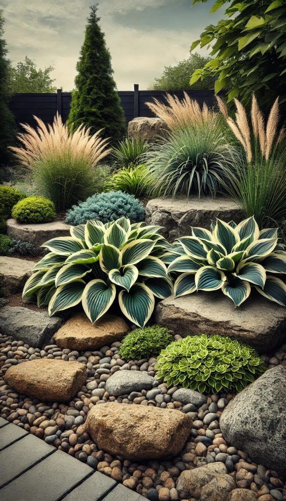 a garden with rocks and plants in it