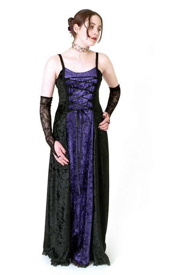 "This elegant dress is made from a quality crushed velvet. The dress comes in black with a contrast front panel in deep wine or rich royal purple. The straps are made from an ornate black braid. The top of the front panel features a laced satin ribbon detail, this is practical as well as decorative. The ribbons can be adjusted to ensure the dress fits snugly around the chest and waist. The bottom of the dress is very full and falls into deep drapes. The hemline is finished with a gathered lace t Velvet Corset Dress For Costume Party, Gothic Velvet Dress For Costume Party, Trad Goth Outfits, Gothic Summer, Summer Evening Dress, Purple Goth, Fairytale Gown, Vampire Goth, Gown Photos