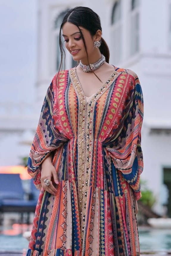 Multicolour geometric print kaftan with cutdana embroidery. Comes with inner and palazzo. - Aza Fashions Festive V-neck Kurta With Block Print, Bohemian V-neck Kaftan With Printed Motifs, V-neck Kurta With Printed Motifs For Eid, Navratri V-neck Anarkali Set With Printed Motifs, Diwali V-neck Anarkali Set With Printed Motifs, Bollywood Style V-neck Salwar Kameez For Festivals, Bohemian V-neck Sets For Festivals, Bollywood Style V-neck Kurta With Printed Motifs, Traditional V-neck Salwar Kameez With Printed Motifs