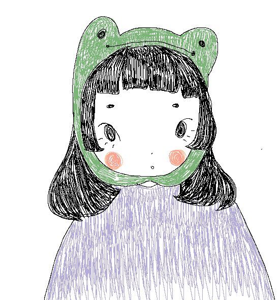 a drawing of a girl wearing a frog hat