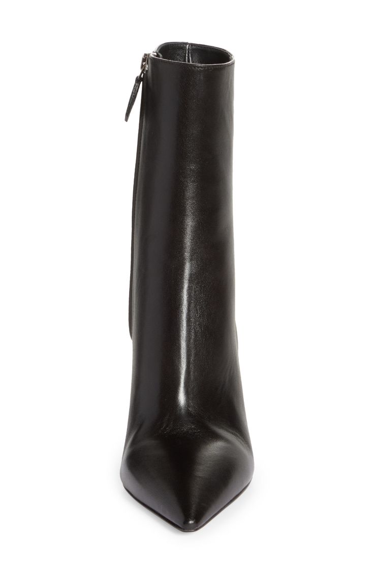 Instantly elevate any ensemble with this sleek and polished boot crafted in Italy from lambskin leather with a seamless front that leads to a pointy toe. The label's iconic triangle-logo hardware is inlaid at the top of the stiletto heel for a signature touch. 3 3/4" (95mm) heel (size 38.5) 6" shaft Side zip closure Leather upper, lining and sole Made in Italy Women's Designer Shoes Luxury Snip Toe Heeled Boots For Work, Luxury Snip Toe Boots For Office, Luxury Leather Mid-calf Boots, Sleek Calf Leather Platform Boots For Formal Occasions, Sleek Evening Boots With Leather Lining, Luxury Pointed Toe Workwear Boots, Luxury Pointed Toe Work Boots, Luxury High Ankle Heeled Boots In Calf Leather, Luxury High Ankle Calf Leather Heeled Boots