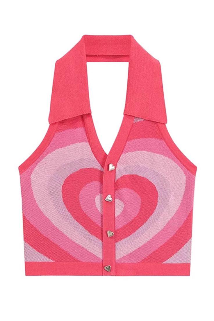 Pink Layered Heart Collar Halter Neck Top for Women Indie Spring Heart Print V-neck Top, Summer Tops With Heart Graphic, Fitted Trendy Tops With Heart Print, Trendy Fitted Heart Print Tops, Trendy Fitted Tops With Heart Print, Fitted Heart Graphic Crop Top For Summer, Fitted Summer Top With Heart Print, Fitted Crop Top With Heart Graphic, Fitted Heart Graphic Crop Top