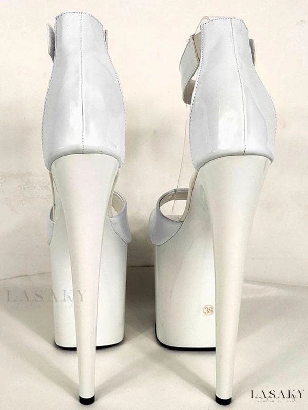 Lasaky - Premium Quality Open Toe Stiletto Heel Stripper Shoes - Elegant White PU Leather Pole Dance Sandals with Ankle Strap and Sky High Heel White Platform Sandals For Party, White Platform Heels Ankle-high, Ankle-high White Heels With Heel Strap, White Ankle-high Heels With Heel Strap, Leather Open Toe Wedding Shoes, Leather Open Toe Wedding Shoes For Party, Open Toe Leather Wedding Shoes For Party, White Patent Leather Closed Toe Heels, White Closed Toe Patent Leather Heels