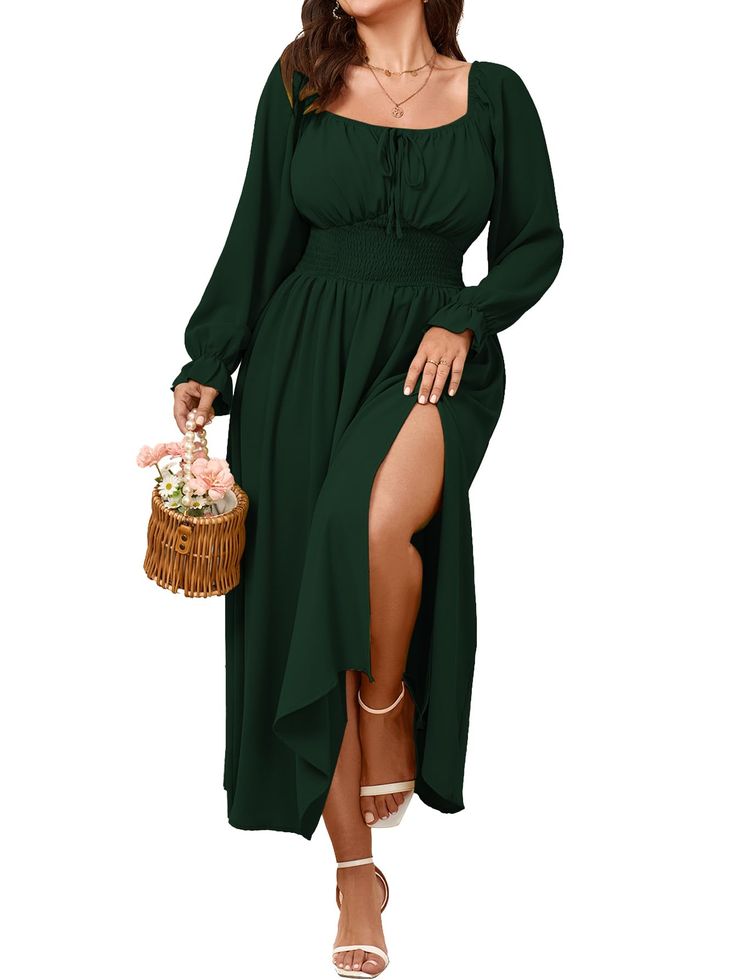 PRICES MAY VARY. Material: Plus Size Dresses For Curvy Women Are Made Of Soft And Breathable Fabric Keeps You Pleasant And Comfortable All Day Feature: Plus Size Maxi Dress/ Boho Dress For Women/ Tie Front Dress/ Plus Size Casual Dress/ Plus Size Long Sleeve Dress/ Long Dress With Smocked/ Off The Shoulder Dresses/ Square Neck Dresses/ Lantern Sleeve/ Elastic Cuff/ Stretch High Waist/ Ruffle A-Line Dress/ Regular Thickness Two Ways To Wear: You Can Wear The Plus Size Dress As A Square Dress Or A Plus Size Contemporary Fashion, Western Dresses Plus Size, Plus Size Mom Photo Outfits, Cute Dresses Long Sleeve, Emerald Green Sundress, Boho Pear Shape Outfits, Semi Formal Wedding Attire Plus Size, Long Sleeve Fall Dress Casual, Best Dresses For Curvy Women