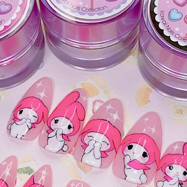 Melody Nail Art, My Melody Nail Art, My Melody Nails, Melody Outfit, Sanrio Nails, Mia Aesthetic, Preppy Nails, Kitty Nails, Fake Nails Designs