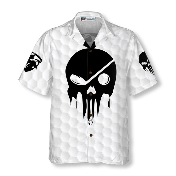 The Golf Skull V2 Hawaiian Shirt - Hyperfavor White Golf Shirt With Sublimation Print, White Cotton Camp Shirt With Sublimation Print, White Golf Shirt With Graphic Print, White Graphic Print Shirt For Golf, White Sports Shirt With All Over Print, White Short Sleeve Surfing Shirt, White Surfing Shirt With Graphic Print, White Graphic Print Surfing Shirt, White Tops With Sublimation Print For Outdoor Activities